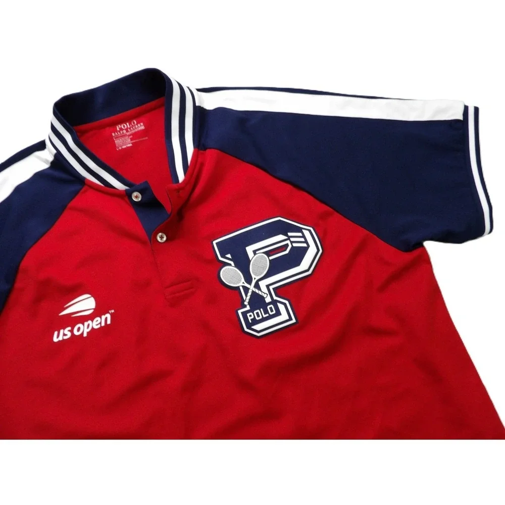 Polo Ralph Lauren US Open Tennis Shirt Men L Red Performance Big P Polo Logo EUC